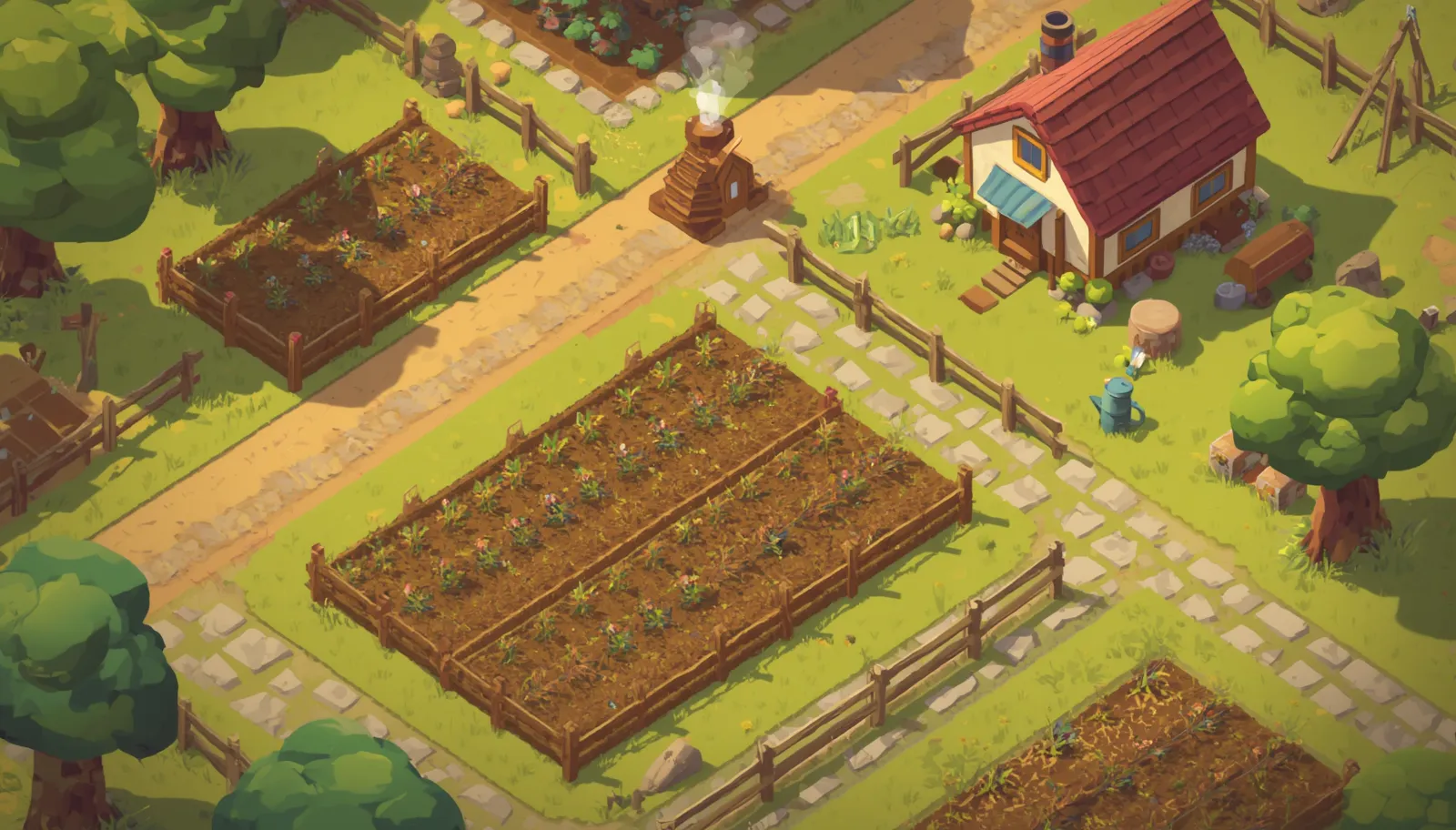 Cozy isometric farm concept art used as a broad mood and composition reference.